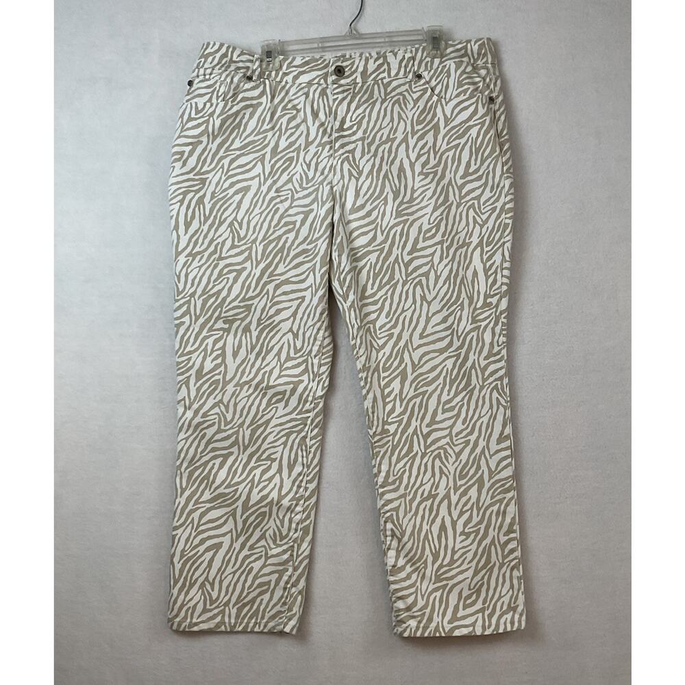 Chicos Platinum Denim Jeans Womens Size 3 (16) Tan White Zebra‎ Animal Cropped
